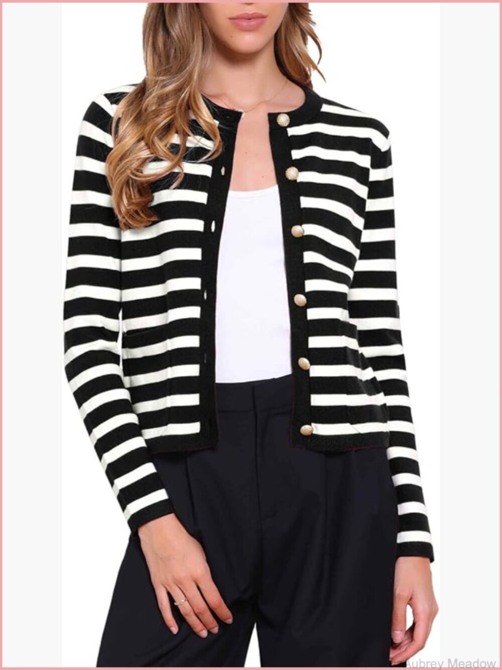 Striped Lightweight Cardigan Crew Neck Button Down Knit Open Front